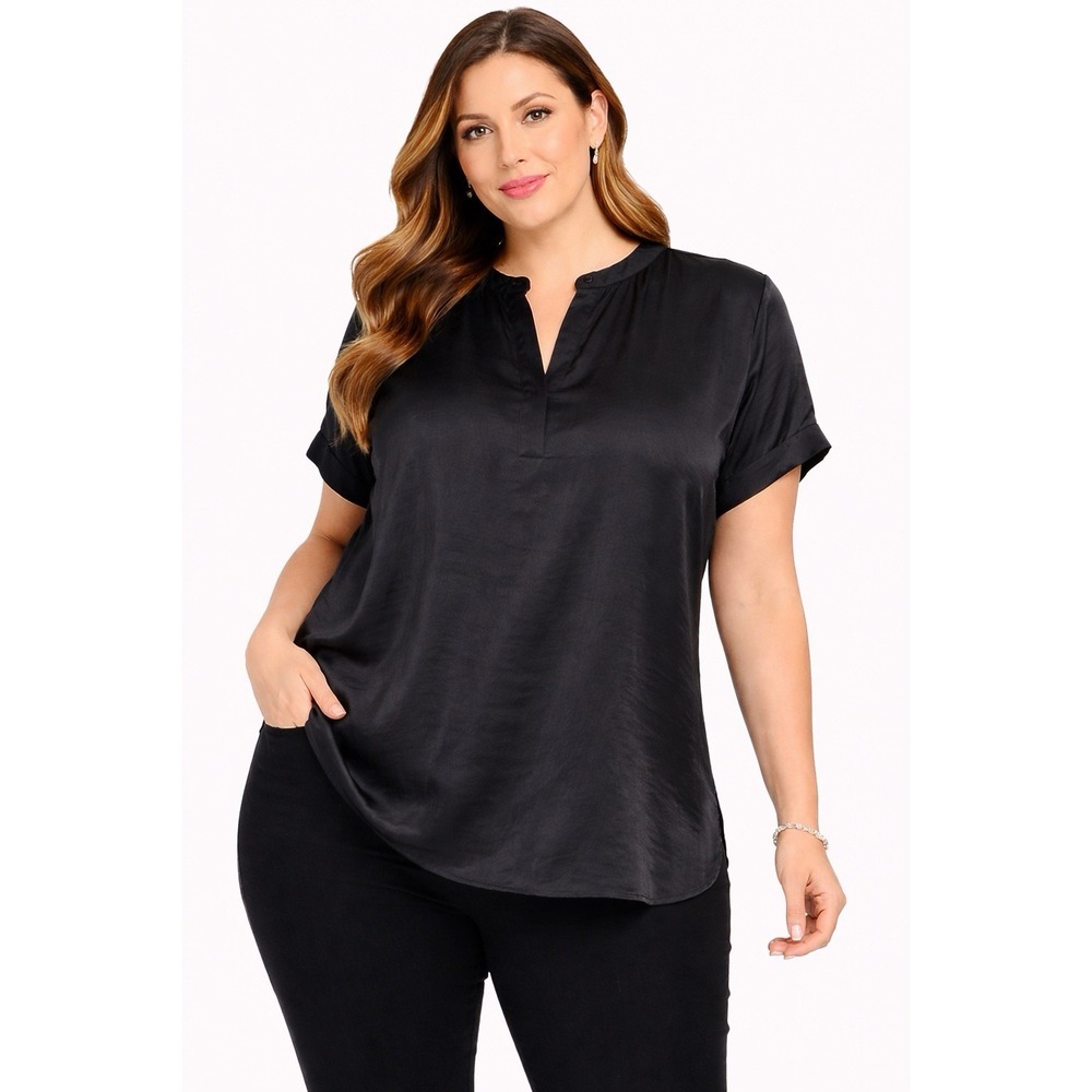 Simply Vera Vera Wang XXL Black Satin Popover Blouse Short Sleeve Top